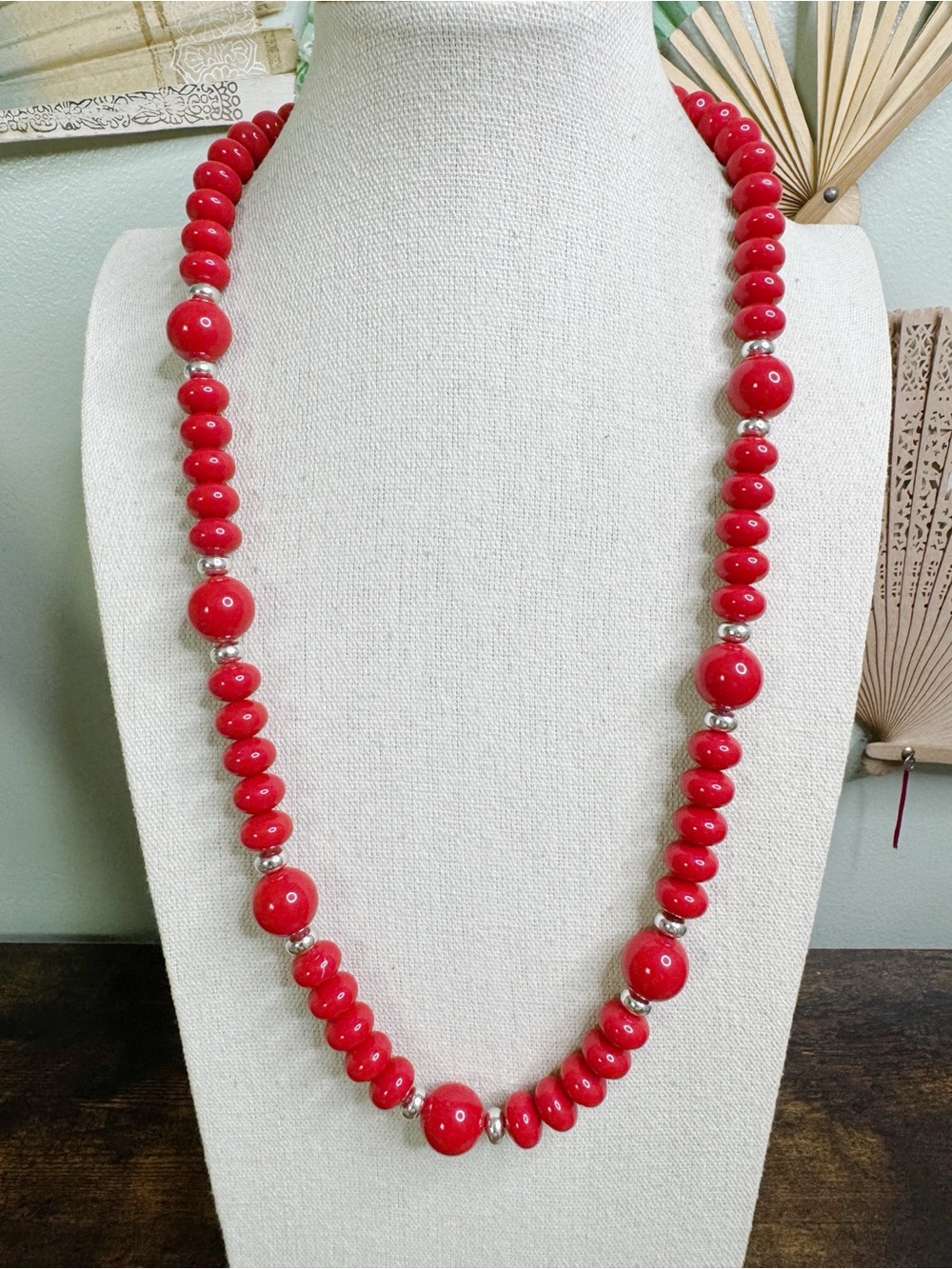 Vintage 80’s Red Beaded Women's Necklace Acrylic or Lucite Bold Chunky 26”